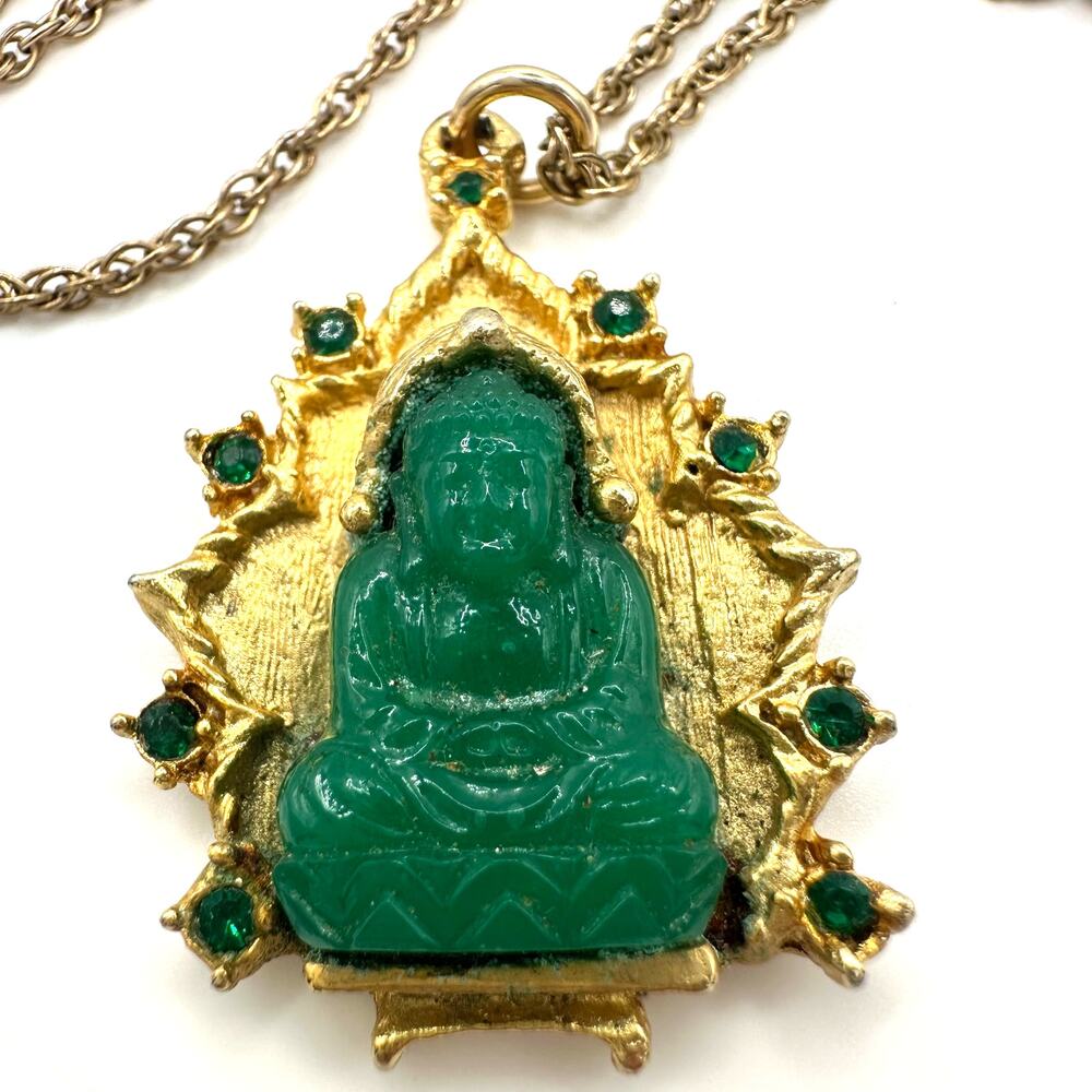 Vintage gold tone green faux jade art glass Buddha pendant 24" chain necklace